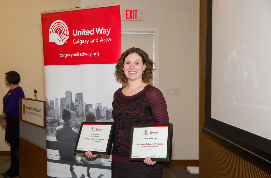 The Cumming School of Medicine also wins two awards for outstanding contributions to UCalgary's United Way campaign, taking home the Very Special Events Award and the award for engaging the highest number of Leadership Donors.