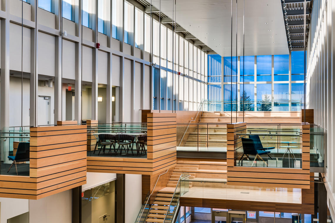 Light streams through the atrium in the new Taylor Institute for Teaching and Learning, where pods float above and the amphitheatre begs one to study or have a chat.