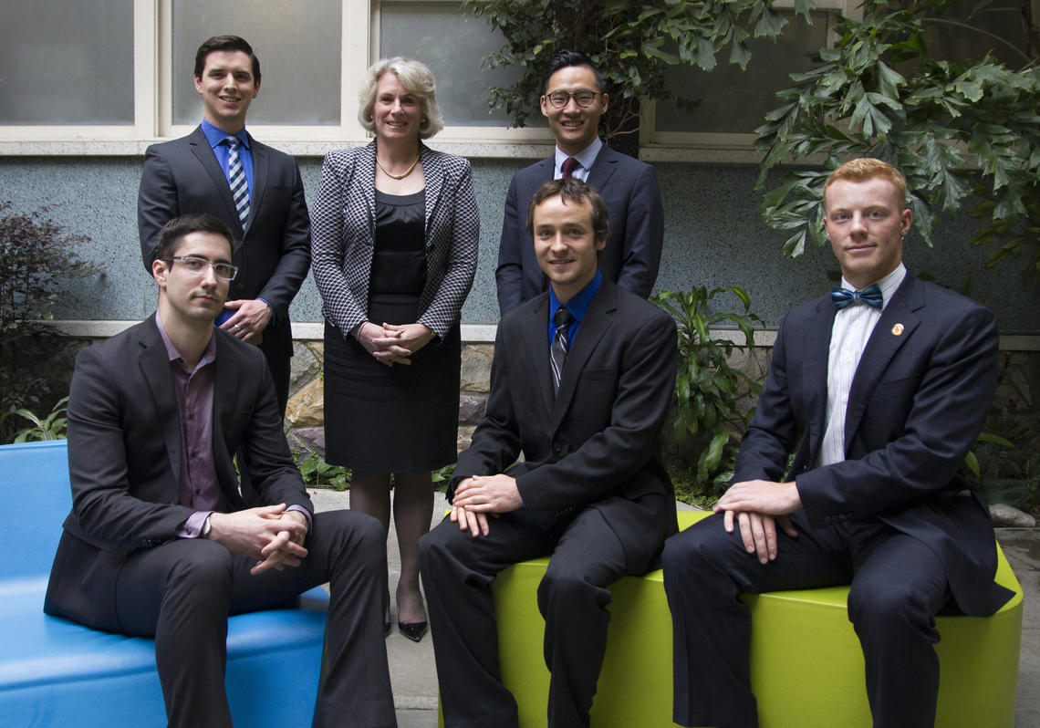 With President Elizabeth Cannon, the University of Calgary's 2016 President's Award winners are, back row, from left: Connor Scheu, Mark S. Lee. Front row: Andrew Stewart, Douglas Kondro, Andrew Buckley.