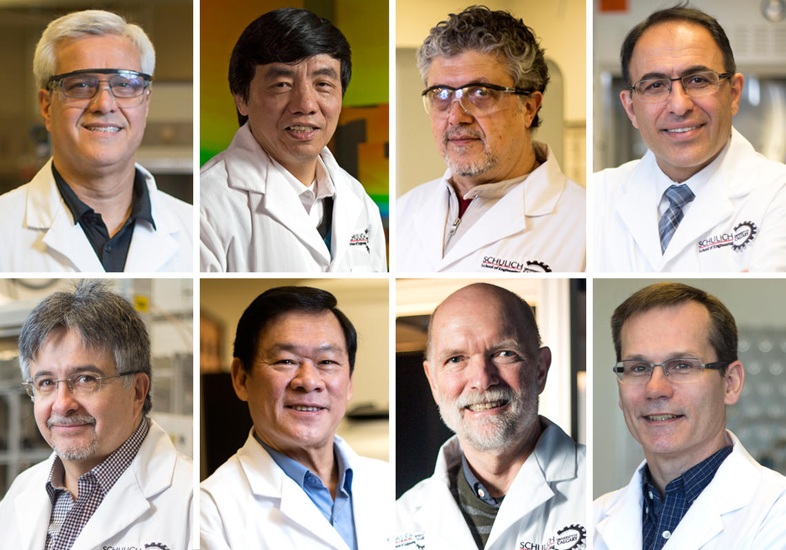 The University of Calgary's engineering school is celebrating the work of eight prestigious Industrial Research Chairs. Top row, from left: Jalal Abedi, Zhangxing (John) Chen, Apostolos Kantzas, Nader Mahinpey. Bottom row, from left: Pedro Pereira Almao, Joo-Hwa (Andrew) Tay, David Wood, and Harvey Yarranton. See slideshow below to learn more about their individual research projects.  