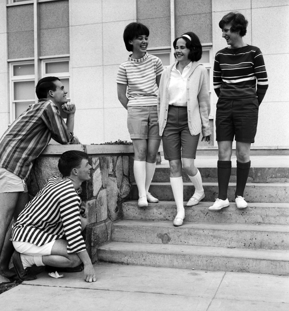 From left, Murray Gibbs, Scott Saville, Susan Kent, Lesley Birt and an unidentified student celebrate Bermuda Shorts Day, 1964. 