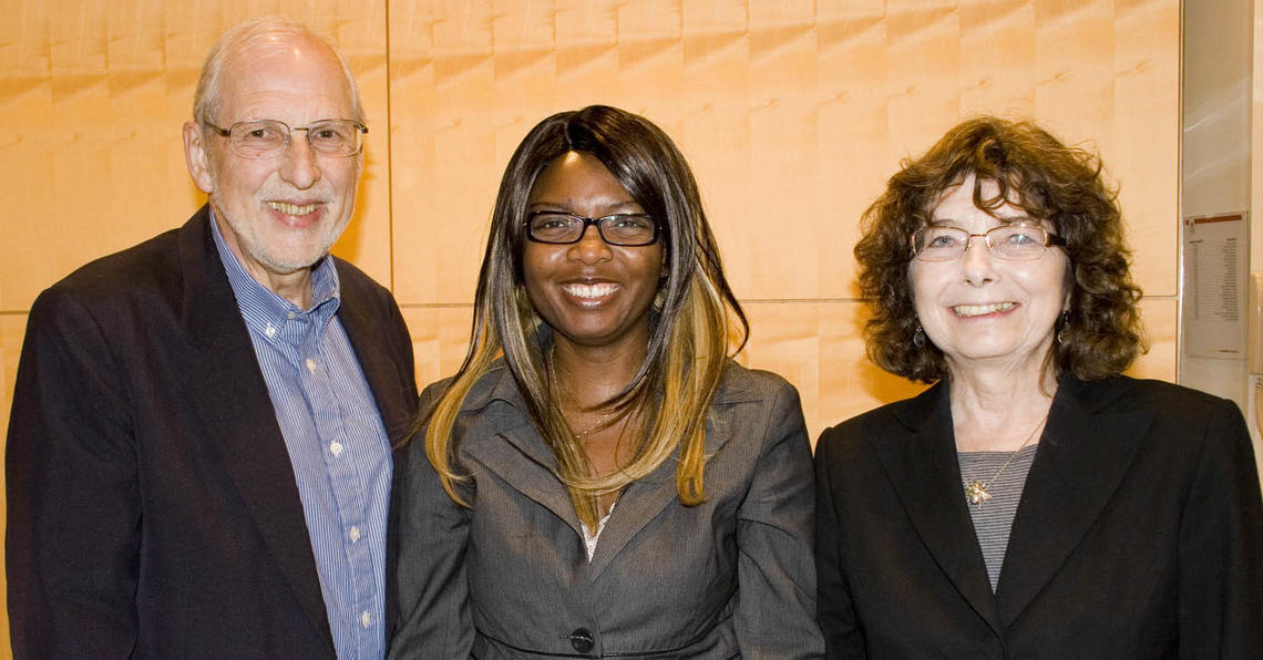 Chidinma Thompson with her PhD supervisors, professors Alastair Lucas (left) and Arlene Kwasniak. While working to complete her PhD, Thompson practiced law with a team of energy regulatory and litigation experts at Borden Ladner Gervais LLP in Calgary.