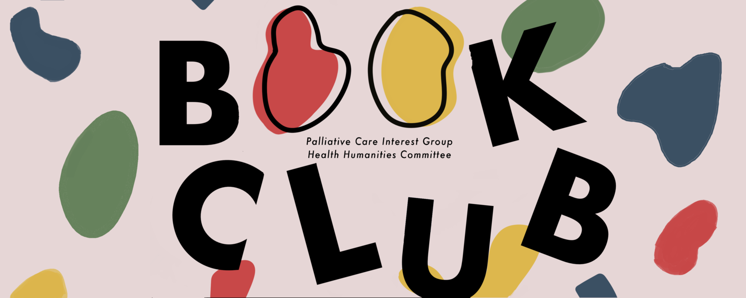 PCIG Book Club Logo - blocky black letters on a blush pink background with whimsical, solid colour geometrical shapes in red, yellow, green, and blue in the background. The o's in "book" are outlines of two round red and yellow shapes.