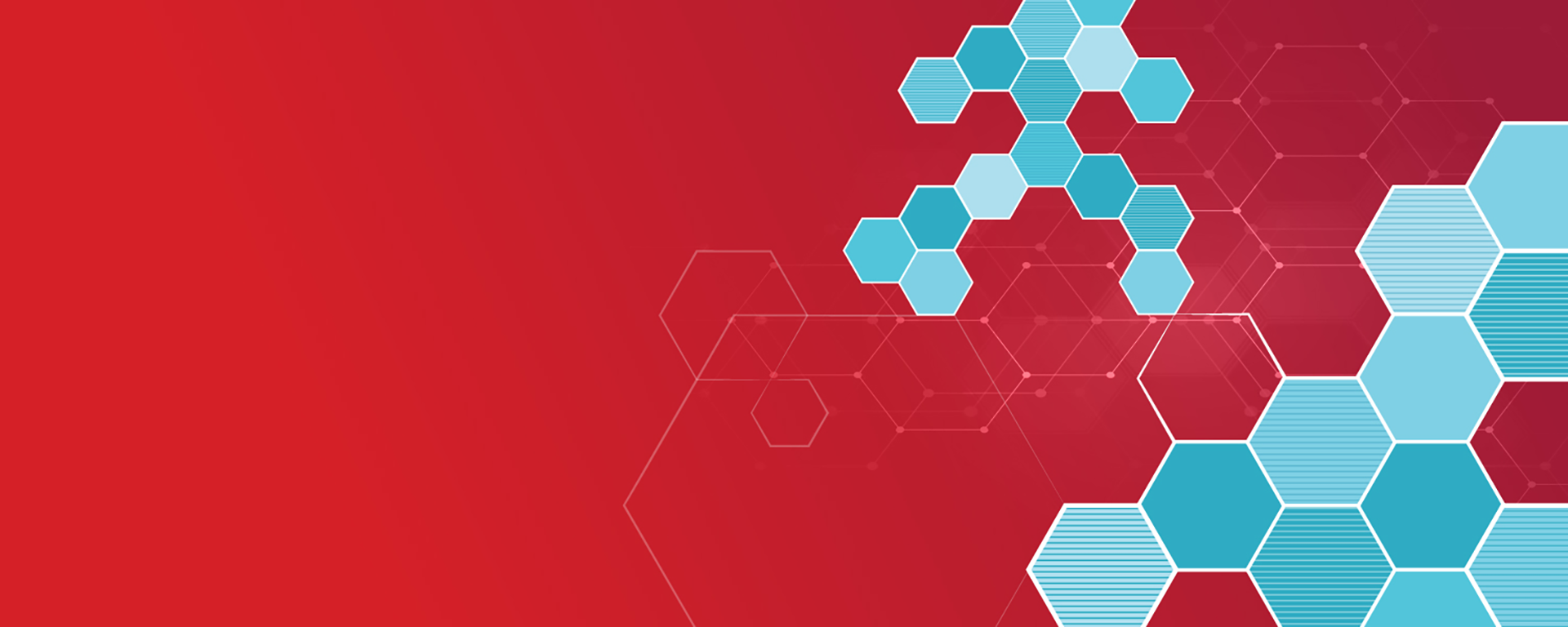 A red background with blue coloured, and outlines of hexagons