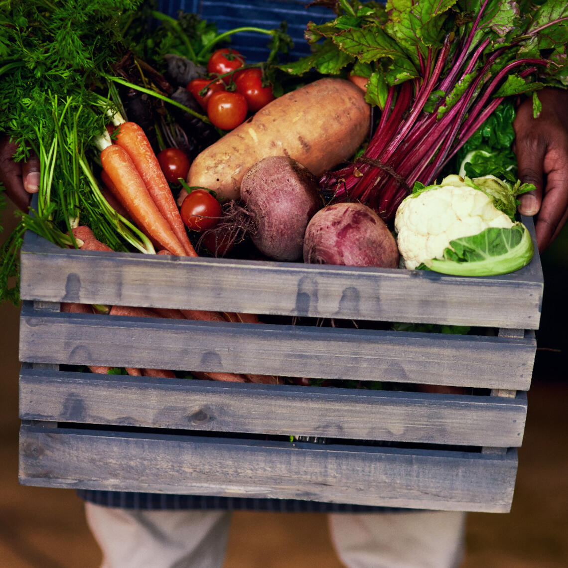 A basket of fresh vegetables including carrots, beets, potatos, cauliflower and tomatos carried by a person