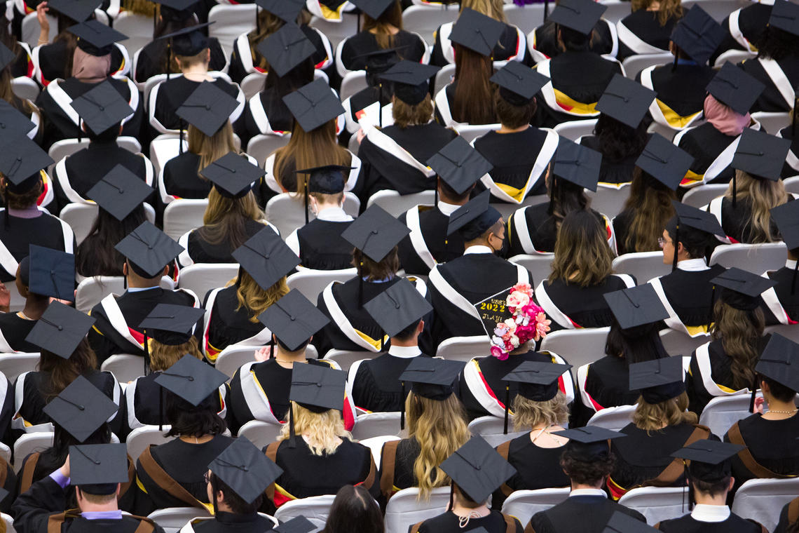 Birds eye shot of students at University of Calgary convocation.