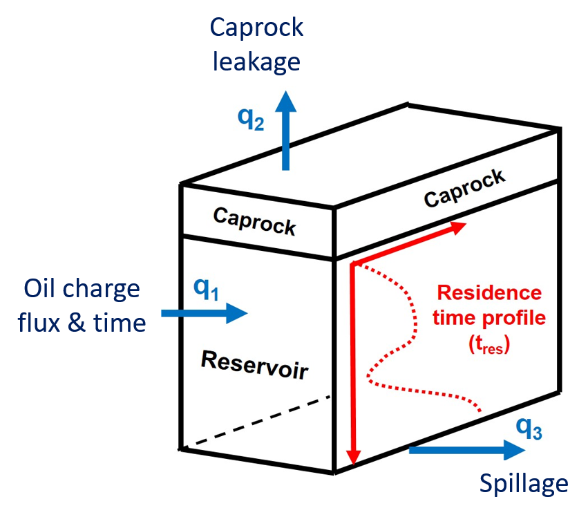 Schematic illustration of fluid fluxes in and out of a reservoir and the resulting residence time profile