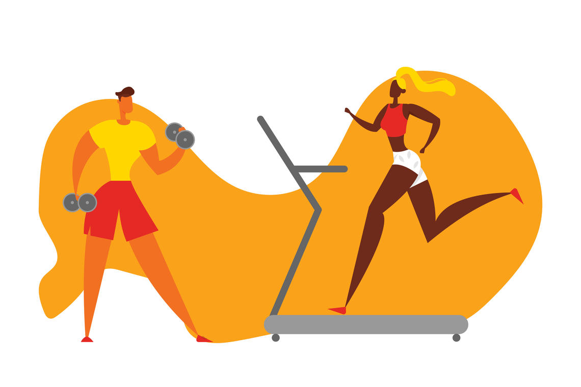 Two illustrated figures doing a workout