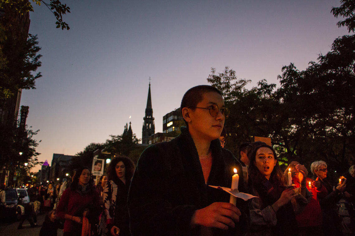 Montreal, Canada - October 4, 2016: 500 gathered in Emilie-Gamelin Park and took the streets to mourn the missing and murdered woman of the First Nations, and to raise awareness about the violence against indigenous people.