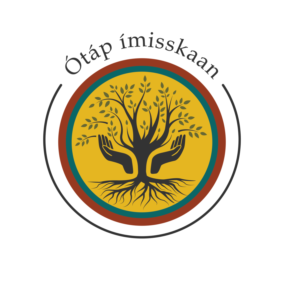 Ótáp ímisskaan logo: A tree is surrounded by a pair of hands, encircled by yellow, green and red circles.