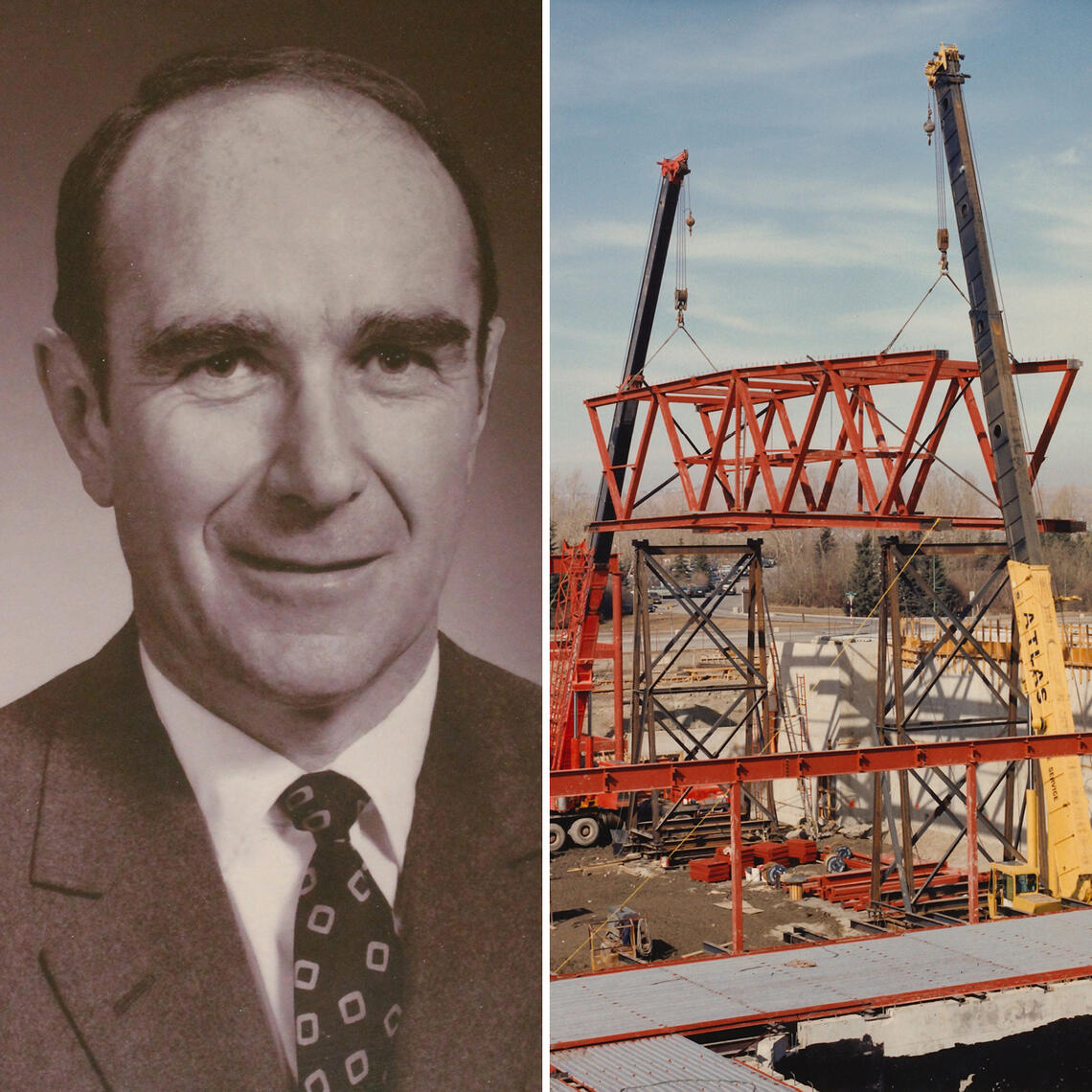Jack Simpson, left. Construction of the Jack Simpson Gymnasium, part of the Faculty of Kinesiology expansion, began in 1985, right.