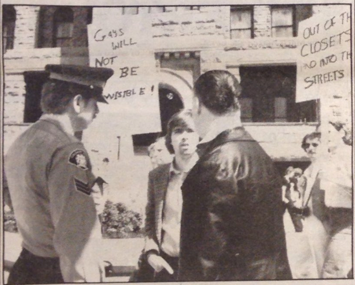 GIRC President Bob Harris talking to Police at City Hall Rally, June 28, 1980