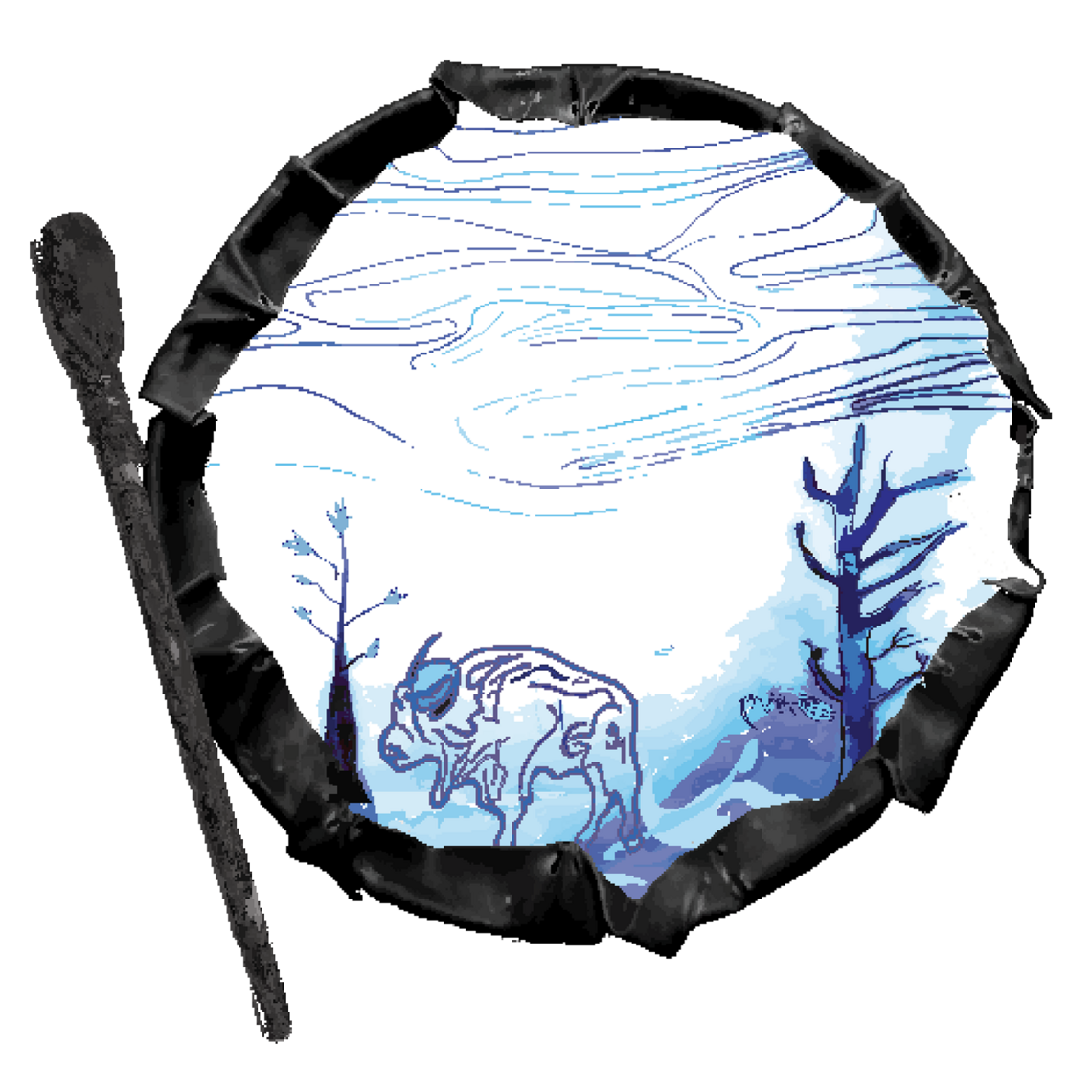 Winter landscape with buffalo inside of a drum