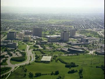 An aerial view of campus look southeast, 1972.