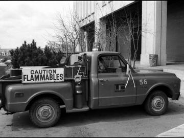 Safety Office pick-up truck used at the University of Calgary for hauling flammable material, 1975.