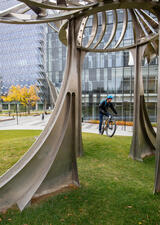 Person on bike in front of Prairie Chicken sculpture