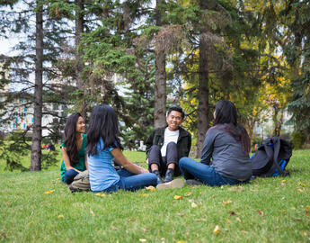 Group of people on campus. 