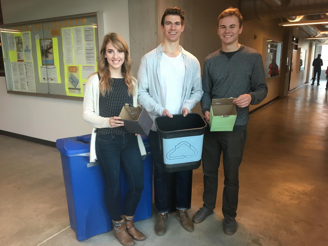 Engineering students Rebecca Dukart, Michael Assié and Murray Bondy decided the common waste basket was no longer up to the task of handling multiple streams of trash, so they designed a better one. Schulich School of Engineering photo