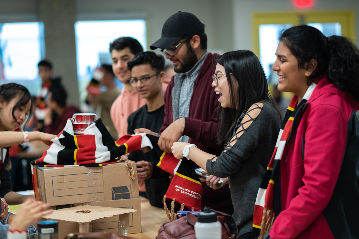 First-year engineering students at the University of Calgary work on design projects as part of fall 2018 orientation activities. Schulich School of Engineering photo
