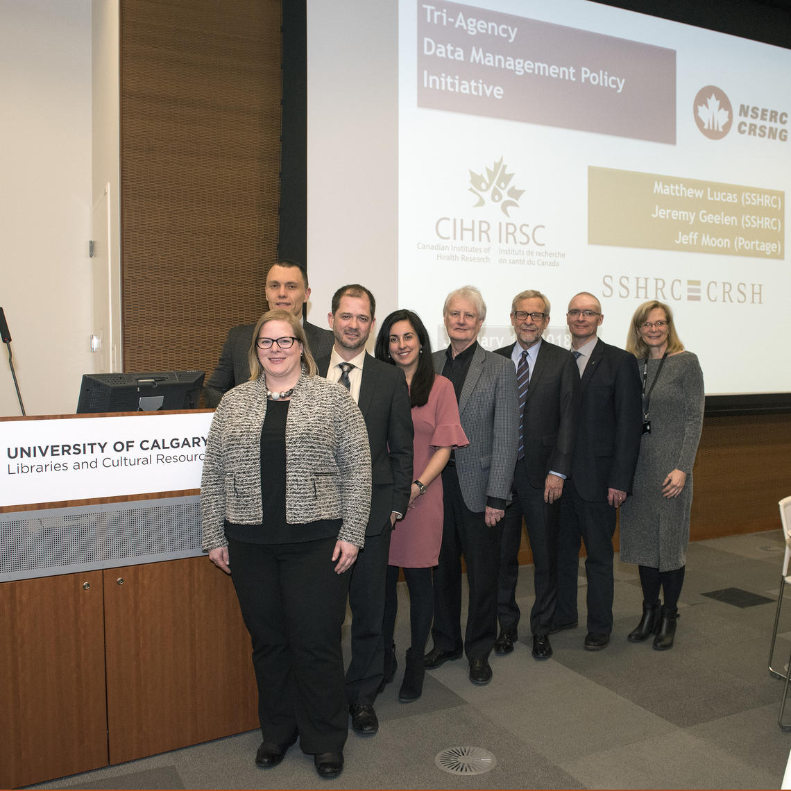 Meetings with Tri-Agency officials took place Jan. 18, 2018, at the University of Calgary. Back: Jeremy Geelen, SSHRC. Front, from left: Shannon Cobb, NSERC; Matthew Lucas, SSHRC; Amanda Crupi, CIHR; John Reynolds, associate vice president (research); Tom Hickerson, vice-provost (libraries and cultural resources); Jeff Moon, Portage Network; Susan Powelson, associate university librarian (Technology, Discovery and Digital Services). Photo by Dave Brown, Libraries and Cultural Resources