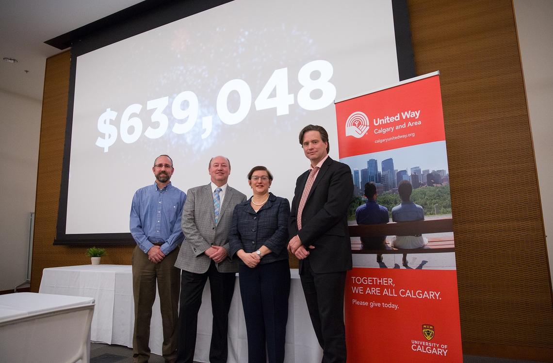 2017’s successful campaign raised $639,048. From left: Shane Royal, campaign co-chair and director of Ancillary Services; Jackie Sieppert, 2017 campaign co-chair, and dean of the Faculty of Social Work; Diane Kenyon, vice-president (university relations) and executive sponsor of the university’s United Way campaign; and Bill Rosehart, dean of the Schulich School of Engineering and 2018 campaign co-chair.