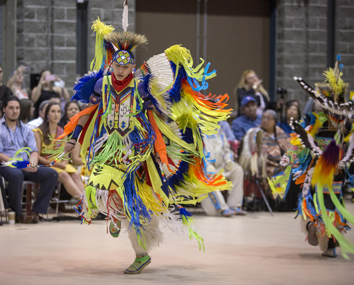 A fancy dance performer at UCalgary's Indigenous Graduation Powwow on June 2, 2018.