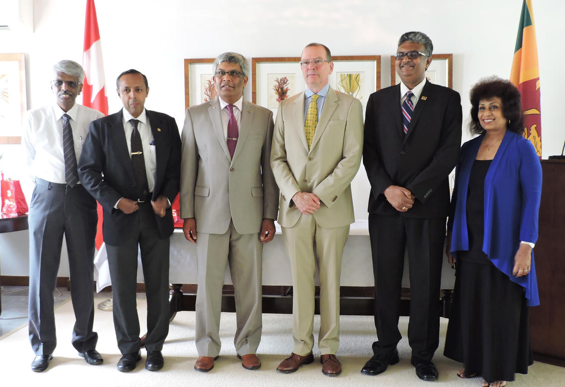 University of Calgary signed agreements for student exchanges, education and research collaboration with University of Moratuwa and University of Sri Jayewardenepura in Sri Lanka. From left: Saman Bandara, K. K. C. K. Perera, Janaka Ruwanpura, David McKinnon, Canadian High Commissioner to Sri Lanka, Sampath Amarathunge and Hemanthi Ranasinghe.