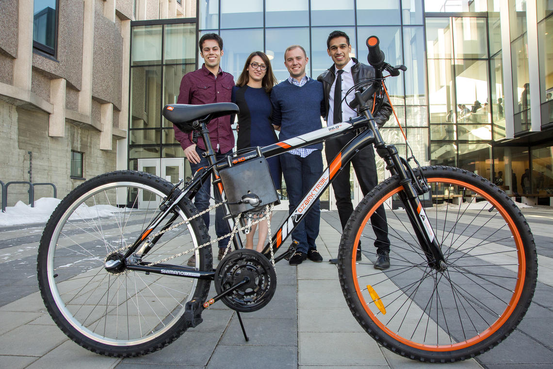 Engineering students Evan Magnusson, Nazanin Moghtaderi, Alex Robertshaw and Parth Thakurdesai built a bicycle able to withstand Calgary winters for their Capstone project. Photo by Colleen de Neve, for the University of Calgary