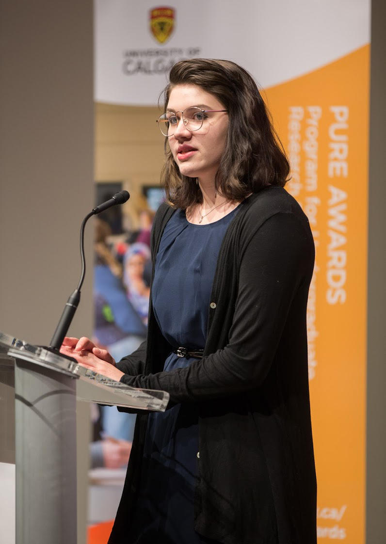 Emilie Medland-Marchen, an honours English student in the Faculty of Arts, speaks at the recent PURE Celebration of Achievement about her experiences doing research as an undergraduate.