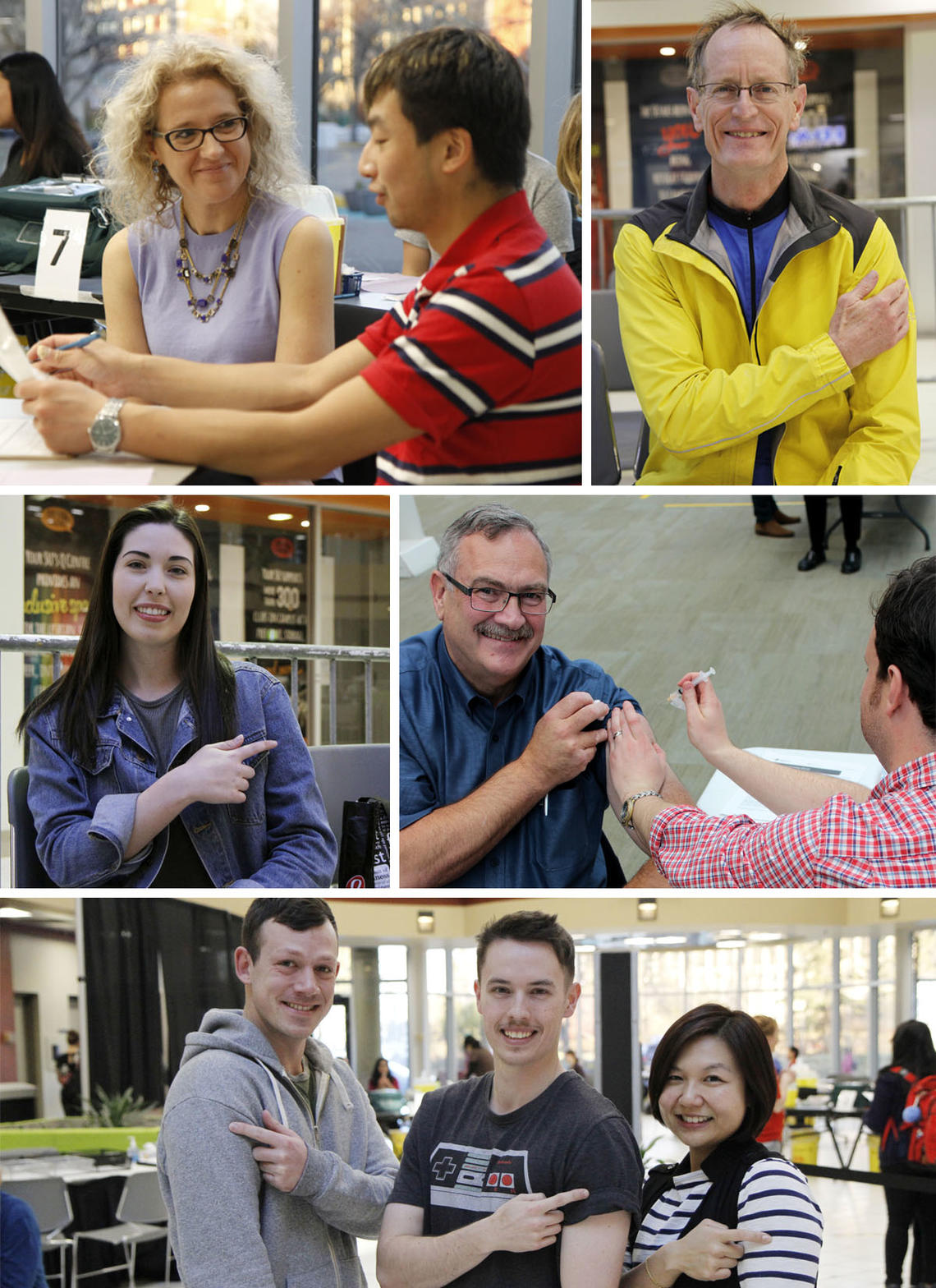 Clockwise from top left: Nursing Dean Sandra Davidson and Gary Ha, fourth-year nursing student who is doing a practicum with Staff Wellness; Steven Bryant, Canada Excellence Research Chair in Chemical and Petroleum Engineering; Cumming School of Medicine Dean Jon Meddings; Logan Sawatzky, Nick Lechowicz and Angel Chung, HAZMAT technicians in environmental health and safety; Marion Brown, fourth-year engineering student.