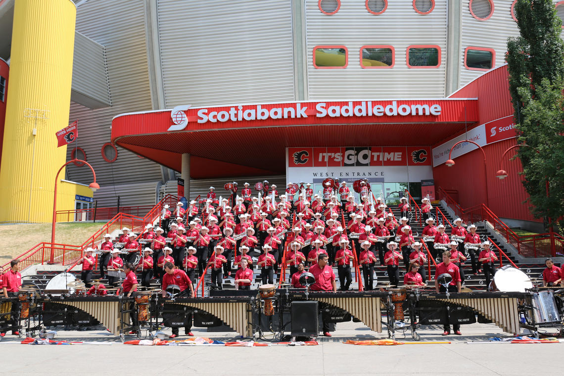 The 2017 Stampede Showband plays in front of the  Scotiabank Saddledome — just one of approximately 200 shows they play during the regular season. 