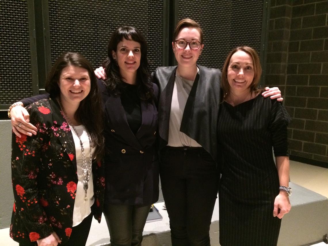 From left: MC of Fashion: The Ugly Reality, Taryn Meyers, manager, engagement, University of Calgary; Elizabeth Cline, keynote speaker and author of Overdressed; Emilie Maine, keynote speaker and founder of Maine Ethics; and MC Sarah Skett, postdoctoral research fellow, sustainability studies.