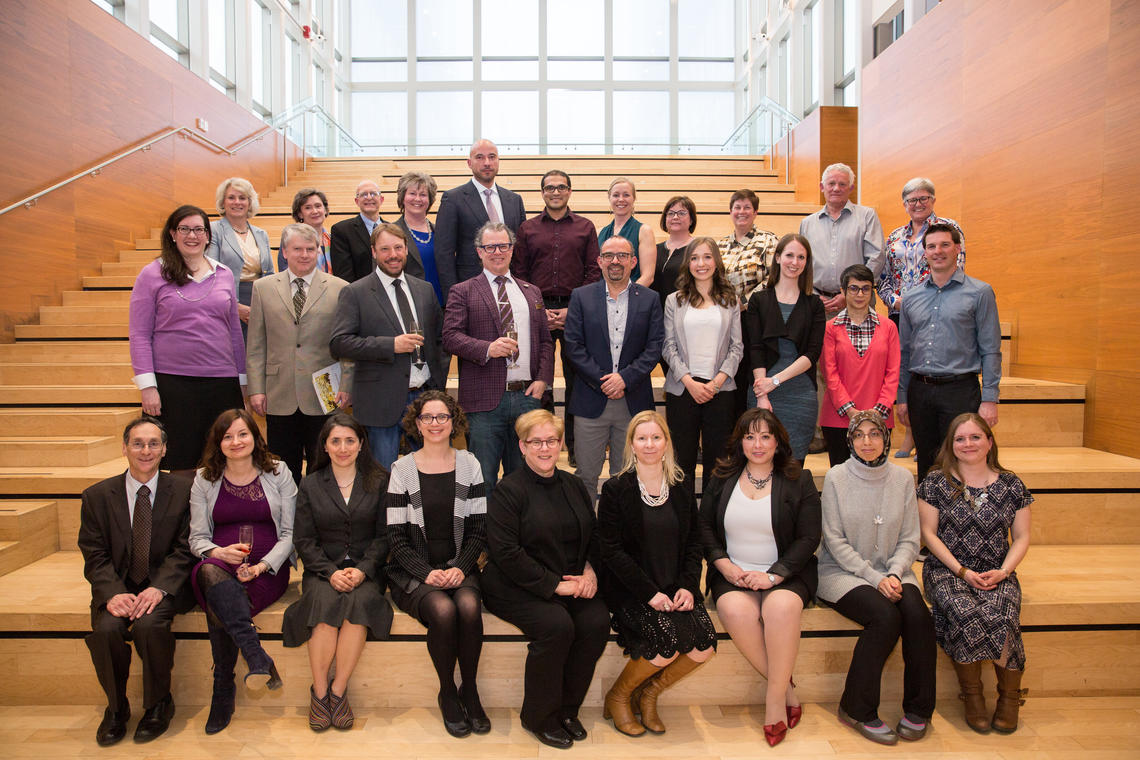 Recipients of the 2018 University of Calgary Teaching Awards with President Elizabeth Cannon and Dru Marshall, provost and vice-president (academic) at the Celebration of Teaching. 