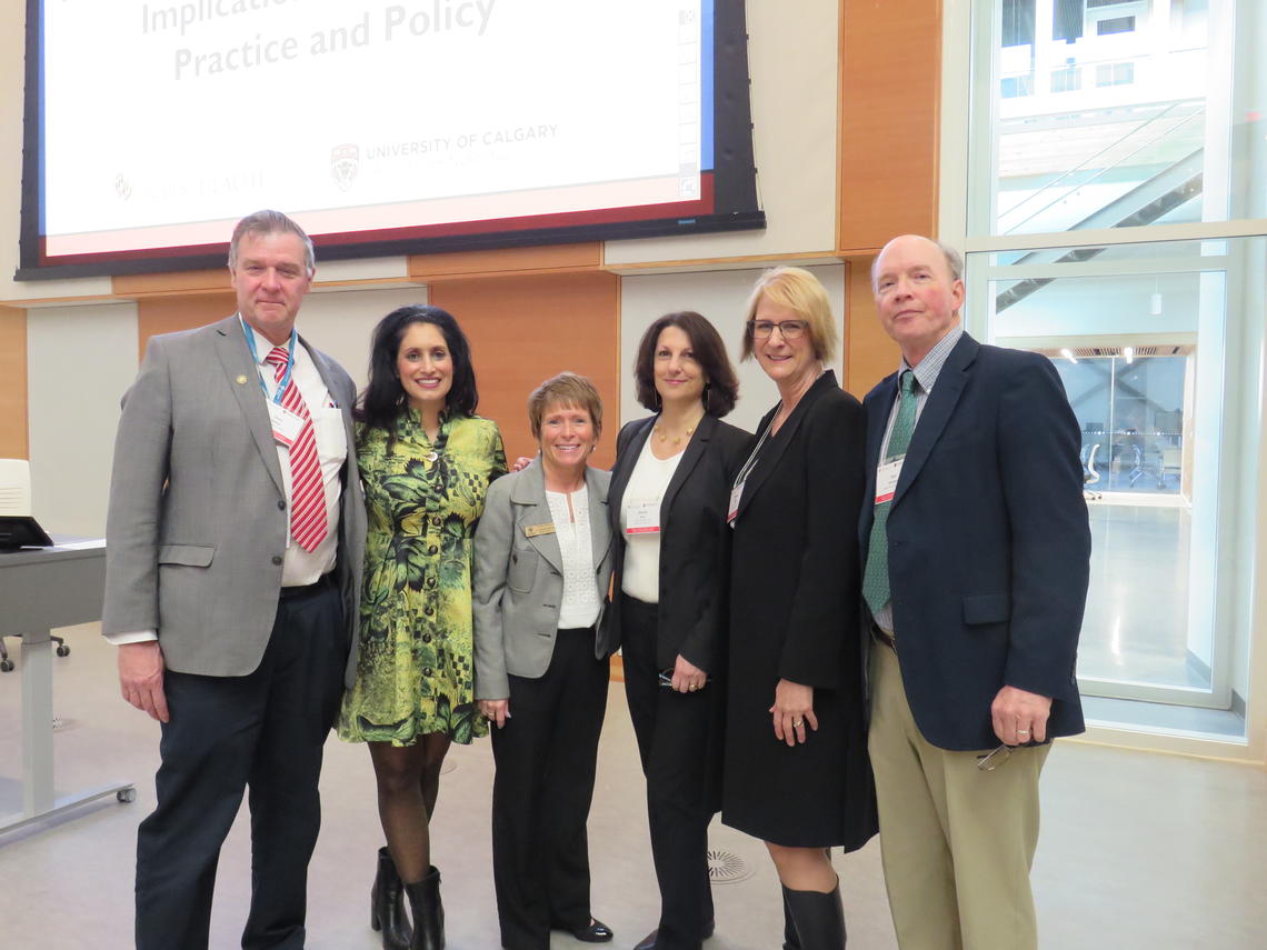Among those attending the conference at the University of Calgary were, from left: Chris Wilkes, professor, Cumming School of Medicine; Leela Aher, MLA, Chestermere-Rocky View; Jacqueline Smith, assistant professor, Faculty of Nursing; Amelia Arria, associate professor, University of Maryland School of Public Health; Dianne Tapp, dean, Faculty of Nursing; and Ken Winters, senior scientist, Oregon Research Institute. 