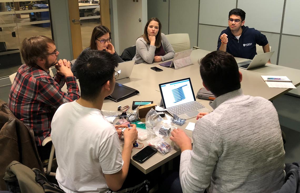 Preparing for the 2018 Health Hack Competition at the University of Calgary, members of a team tackling Fernando Mejia's idea get to work at a weekly meeting. From left: Alexander Cobban, Douglas Liao, Dion Kelly, Kristina Komarek, Sabin Nastase and Nilesh Sharma.