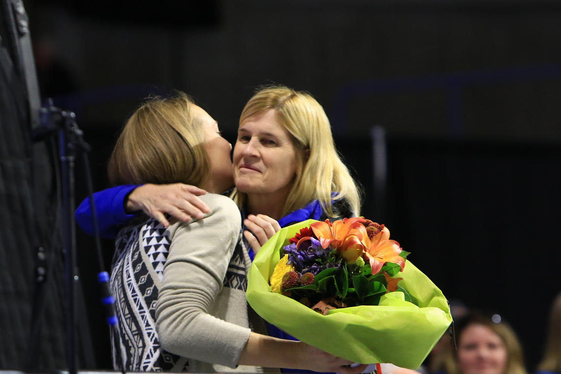 Kathy Gregg, right, shares an emotional moment with her daughter, Jessica, after Jessica's induction into the Olympic Oval Hall of Champions.
