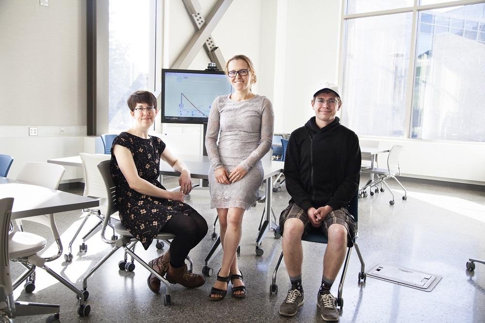 University of Calgary's Ania Harlick, instructor in the Department of Physics & Astronomy (centre) with students Anna Ordog and Adam Tyl. May 14, 2018 is the deadline for applications to teach in Taylor institute spaces for fall 2018 and winter 2019 semesters.