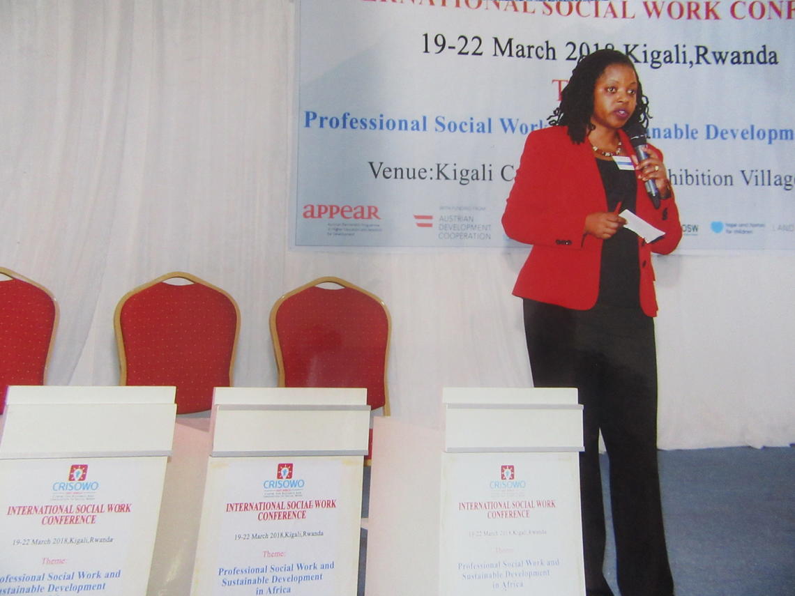 Régine King delivers a keynote address at the Professional Social Work and Sustainable Development in Africa, IFSW Conference in Rwanda in March.