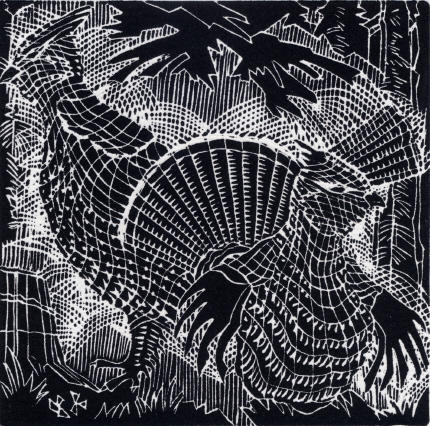 Ruffled Grouse, 1990, ed. 50, linoblock/paper. Featured in Pressed: Four Decades of Prints by D. Helen Mackie, RCA.