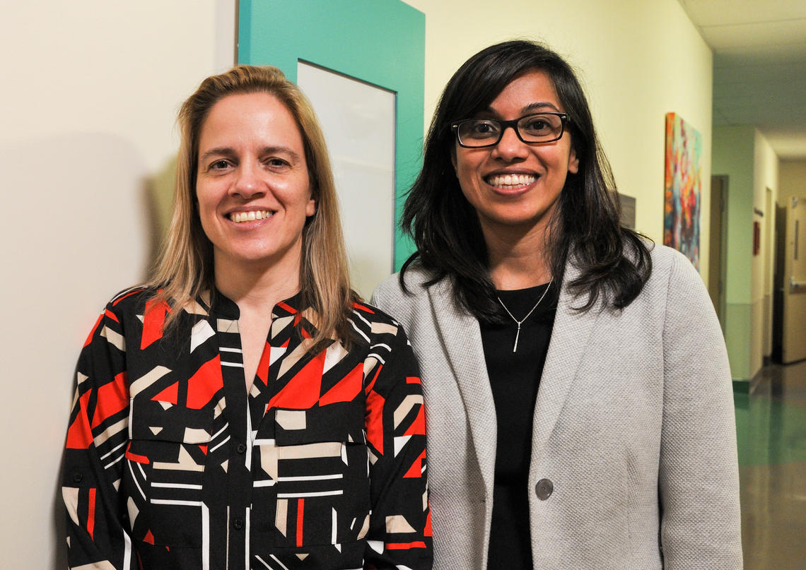 The Transition Navigator Trial project team’s lead is Susan Samuel, an associate professor at the Cumming School of Medicine, right, and the co-leads are Gina Dimitropoulos, an assistant professor at UCalgary's Faculty of Social Work, left, and Andrew Mackie (not pictured).