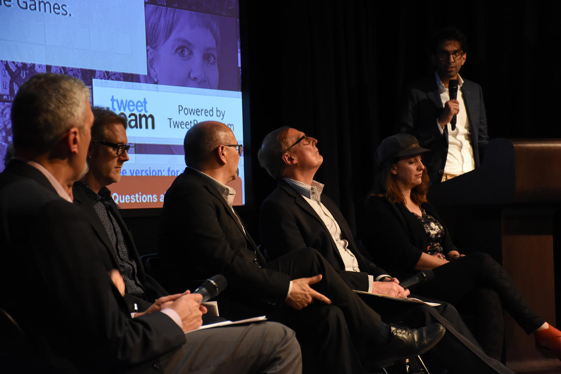 University of Calgary panellists at the Oct. 30 forum at the Glenbow Theatre, from left: William Ghali, Penny Werthner, Kris Fox, Michael Hart, Harry Hiller, Liza Lorenzetti, and Aleem Bharwani.
