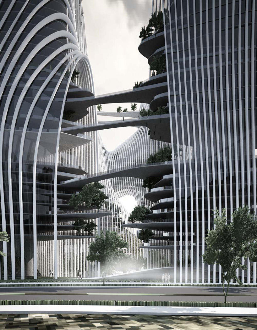 Interconnected bridges and outdoor terraces in this MAD Architects rendering bring nature and social life to high rises.