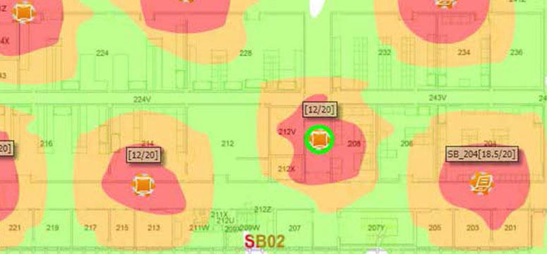 Heat maps of the updated second floor of Science B show total wireless coverage.