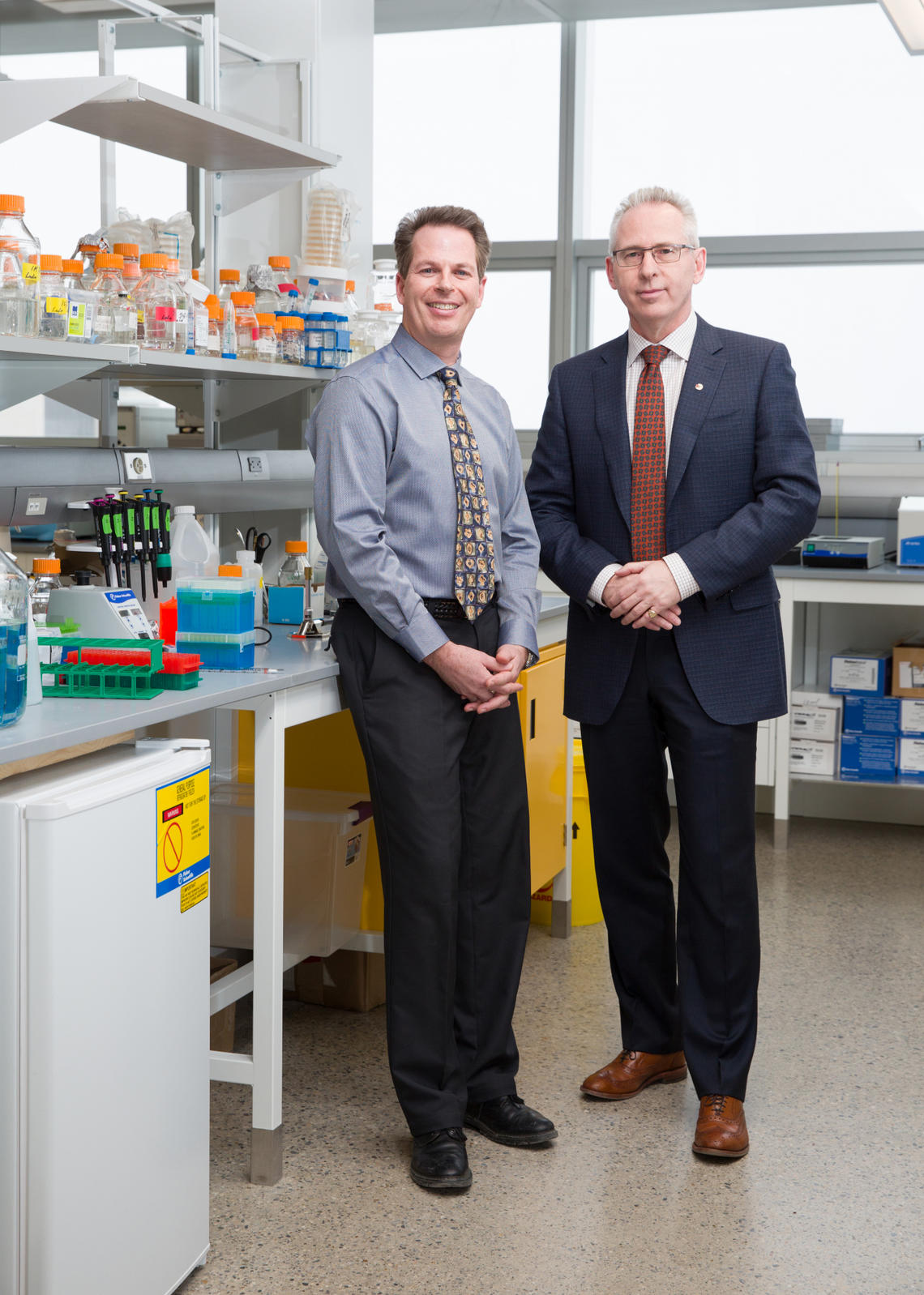 Lee Jackson, left, scientific director of the Advancing Canadian Wastewater Assets research facility, with Ed McCauley, vice-president (research) at the University of Calgary. Jackson's ultimate goal is to develop engineered algae that can be applied in a variety of settings such as feedlot ponds or municipal wastewater treatment plants.
