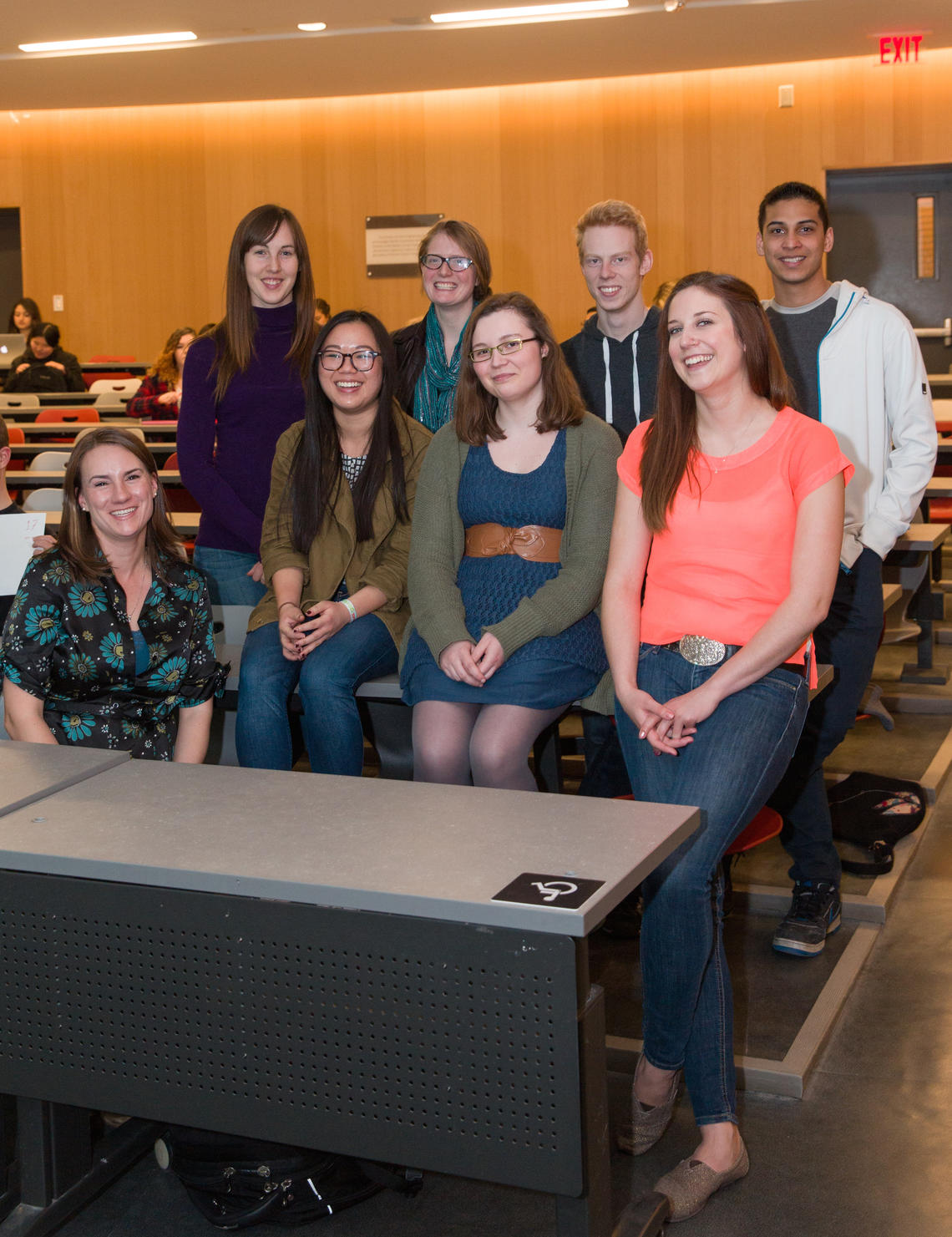 Front row, from left: Kyla Flanagan, an instructor in the Department of Biological Sciences, and peer mentors Megan Mah, Catharine Hillaby, Karen Shewchuk. Back row, from left, peer mentors Susan Anderson, Brittany Ahmad, Ben Webster, Getanshu Malik.