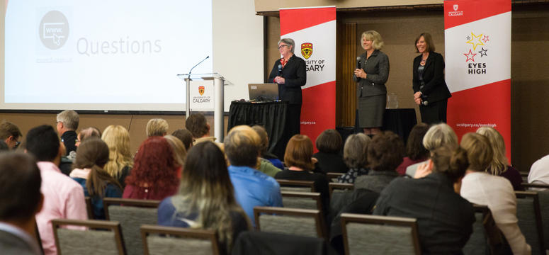 President Elizabeth Cannon, Provost Dru Marshall, and VP (Finance and Services) Linda Dalgetty take questions from the audience at the Budget Town Hall on Oct. 18, 2015. 