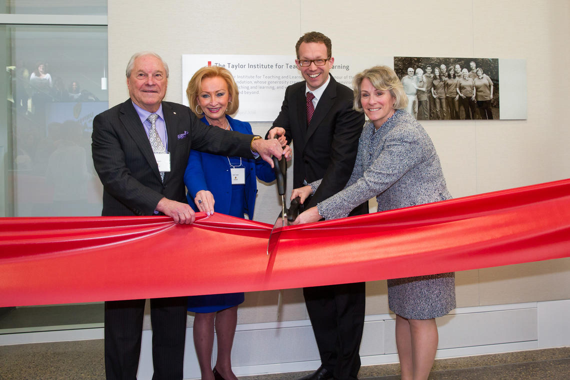 From left: Don and Ruth Taylor, Minister of Advanced Education Marlin Schmidt, and President Elizabeth Cannon cut the ribbon on Monday to officially open the new Taylor Institute for Teaching and Learning at the University of Calgary.