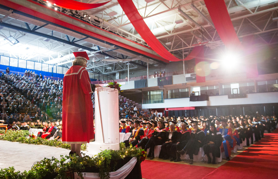President and Vice-Chancellor Elizabeth Cannon addresses graduands at a UCalgary convocation ceremony.