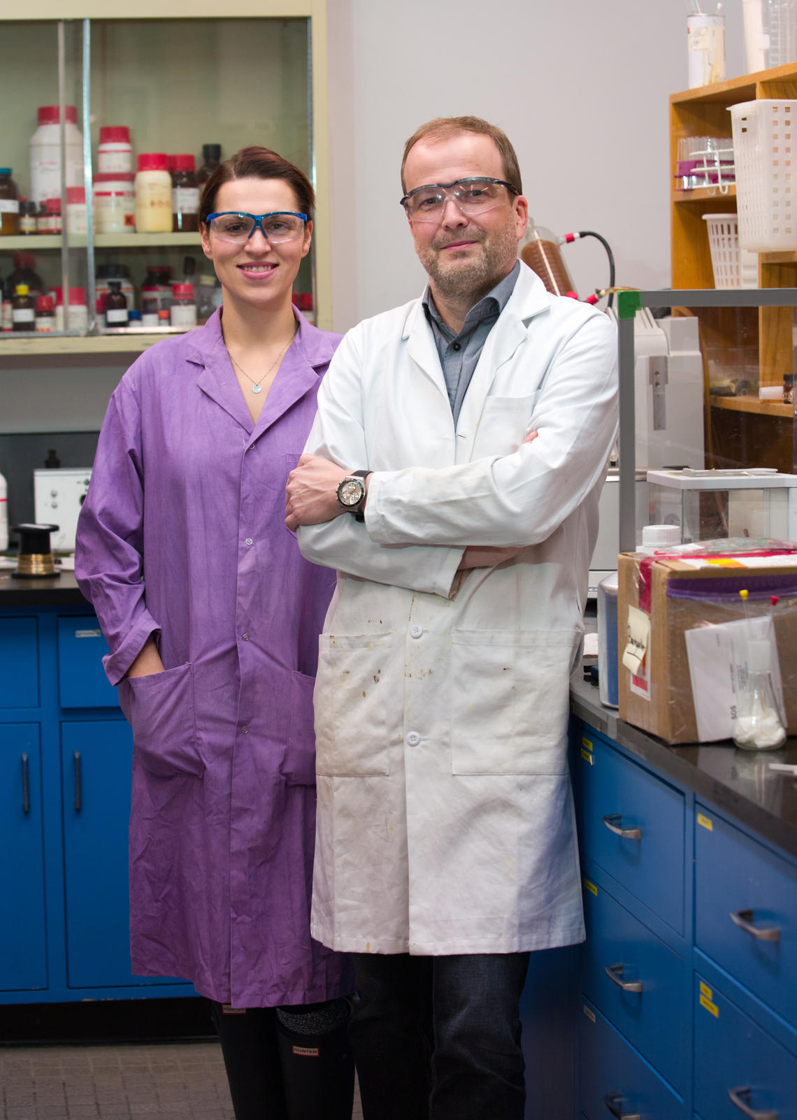 University of Calgary PhD student Monika Stolar and professor Thomas Baumgartner are part of a group in the Department of Chemistry working to create carbon-based batteries. Their batteries are non-toxic, lightweight, and considerably more stable than those with metallic ion bases. 
