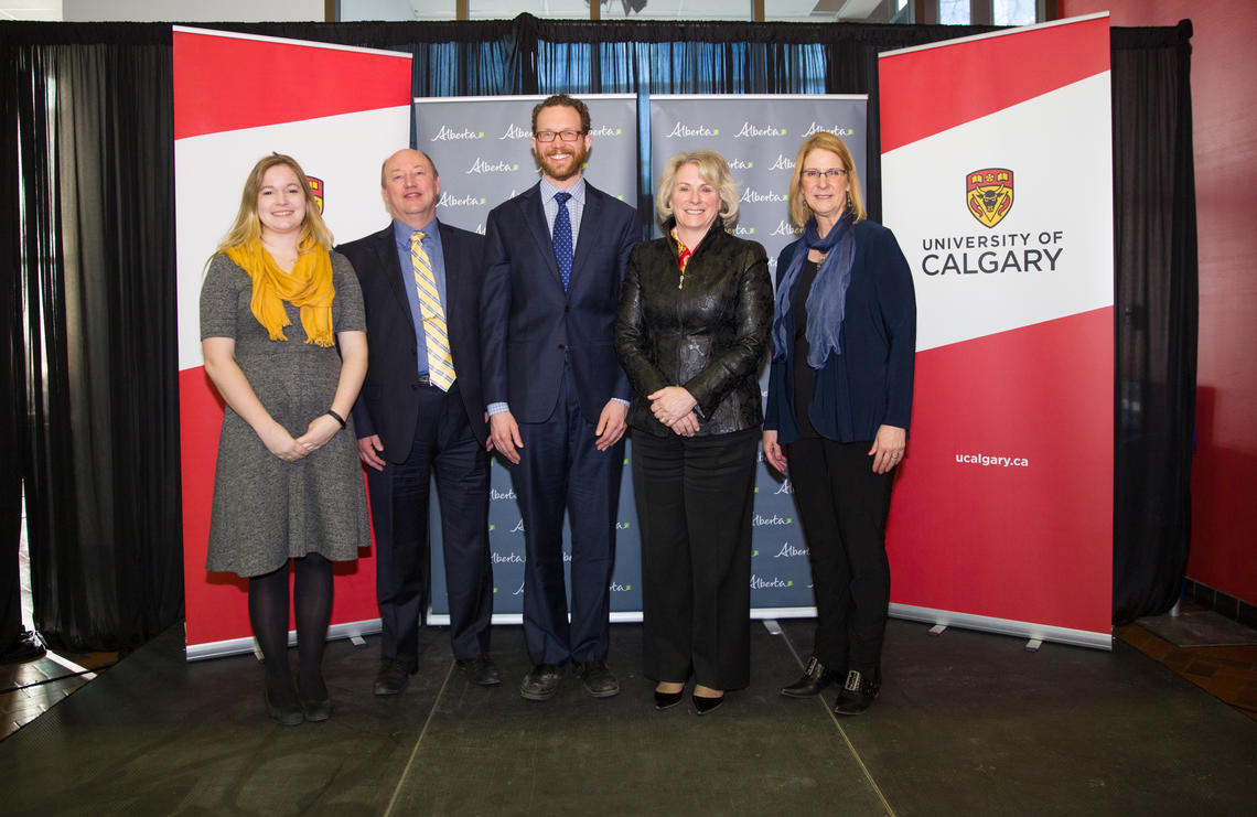 Taking part in the announcement with Minister Marlin Schmidt, centre, were (from left) Social Work master's student Dana Swystun, Faculty of Social Work Dean Jackie Sieppert, President Elizabeth Cannon, and Faculty of Nursing Dean Dianne Tapp.